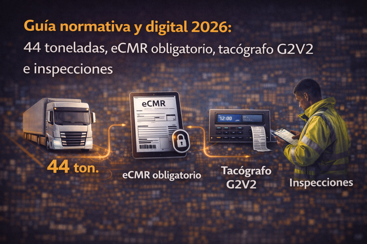 Guía normativa y digital 2026: 44 toneladas, eCMR obligatorio, tacógrafo G2V2 e inspecciones
