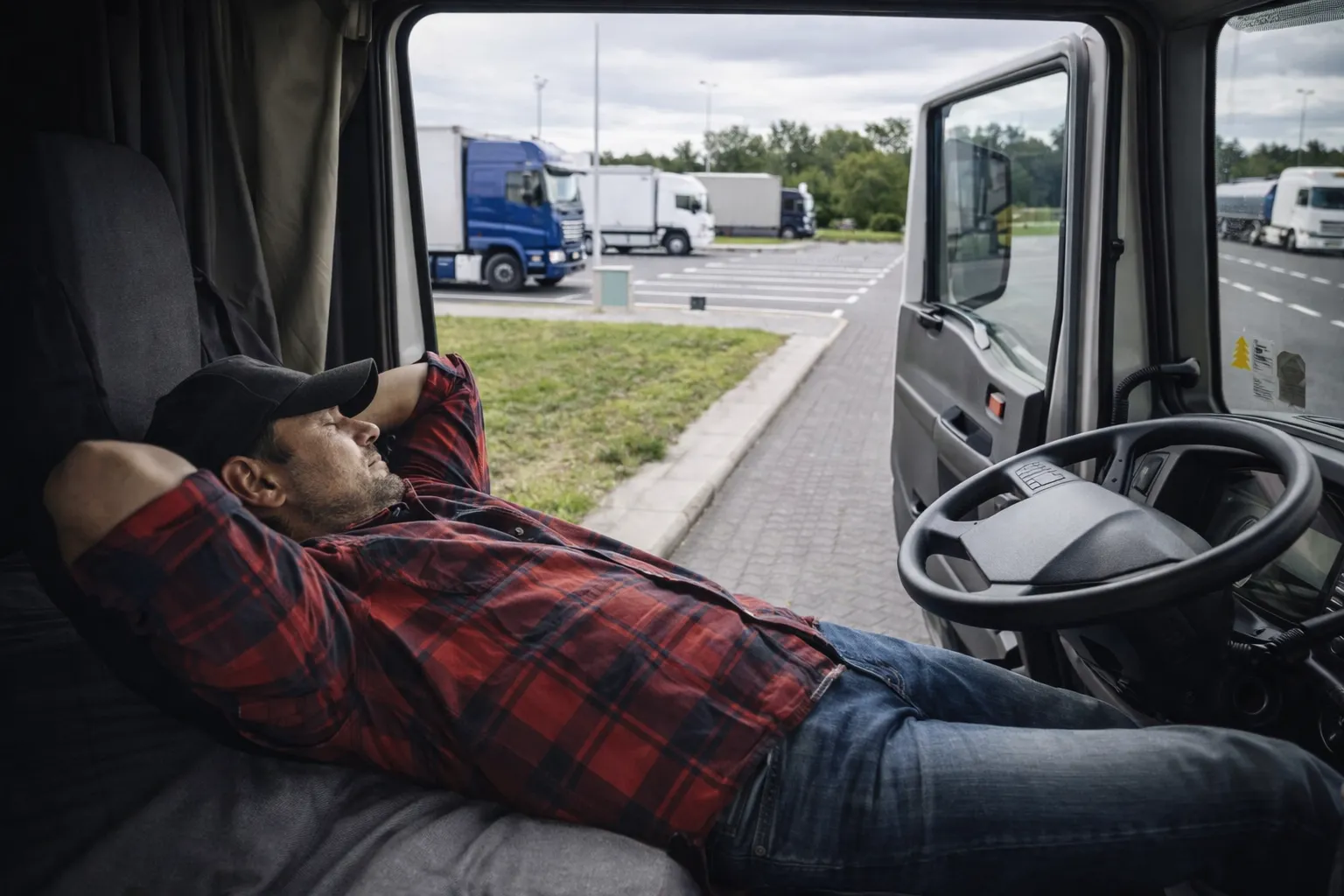 Conductor descansando en área de servicio